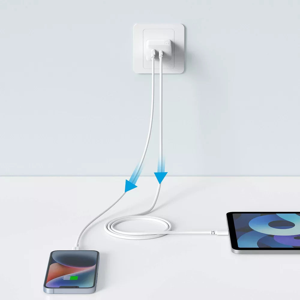 20W Dual‑Port USB‑A & USB‑C Wall Charger with Charging Cable