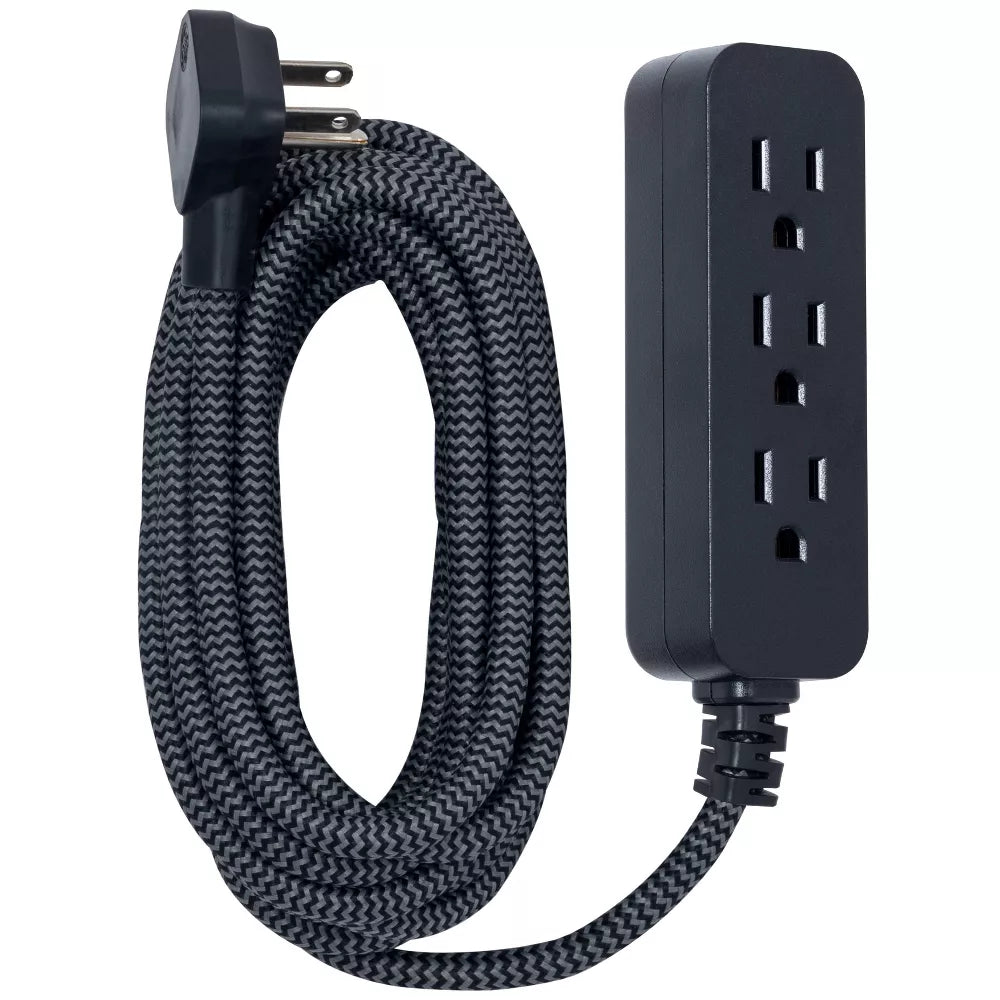 15‑Foot Braided Surge‑Protected Power Strip with 3 AC Outlets