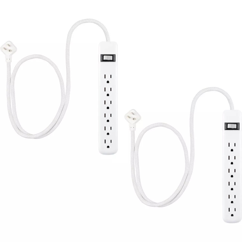 2‑Pack 2‑Foot Braided 6‑Outlet Surge Protector Power Strip